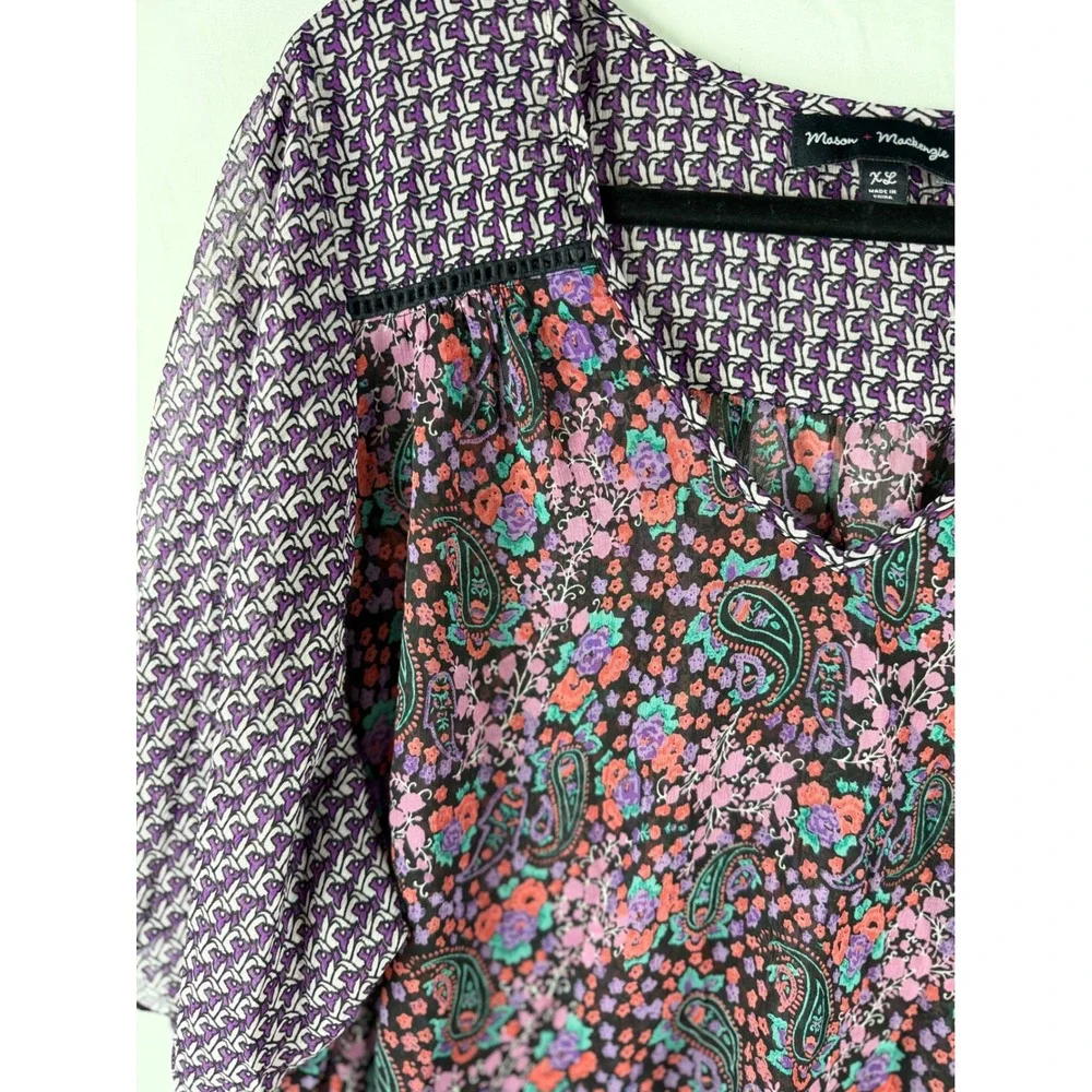 Mason &‎ Mackenzie Womens XL Mixed Print Paisley Floral Blouse Purple V-Neck Top